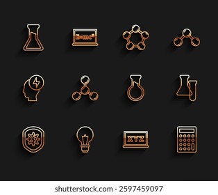 Set line Shield protecting from virus, Light bulb with concept of idea, Test tube and flask, XYZ Coordinate system, Calculator, Molecule,  and  icon. Vector