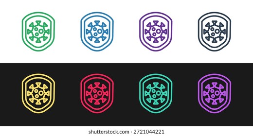 Definir linha Escudo protegendo contra vírus, germes e bactérias ícone isolado em fundo preto e branco. Conceito de sistema imunitário. Corona virus 2019-nCoV.  Vetor