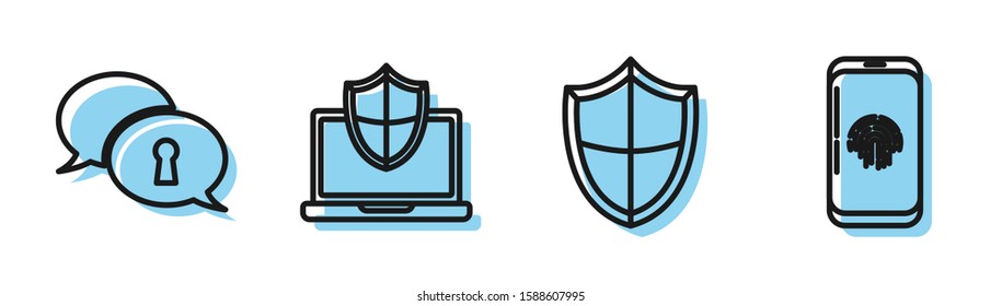 Set line Shield , Protection of personal data , Laptop protected with shield and Smartphone with fingerprint scanner  icon. Vector