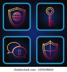 Set line Shield , Protection of personal data , Shield with world globe  and Key . Gradient color icons. Vector