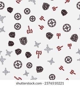 Set line Shield, Round shield, Crossed medieval sword and Medieval poleaxe on seamless pattern. Vector