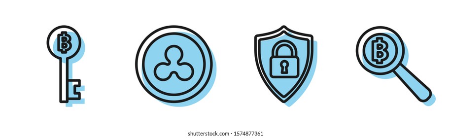 Set line Shield security with lock, Cryptocurrency Bitcoin key, Cryptocurrency coin Ripple XRP and Magnifying glass with Bitcoin icon. Vector
