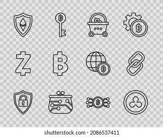 Set line Shield security with lock, Cryptocurrency coin Ripple XRP, Shopping basket bitcoin, wallet, Ethereum ETH, Bitcoin, circle microchip circuit and Chain link icon. Vector