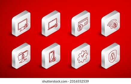 Establezca la seguridad de Escudo de línea con bloqueo, portátil y, tarjeta de crédito, WiFi bloqueado, gestión de tiempo, bloqueo en monitor, Smartphone e icono de carpeta FTP. Vector