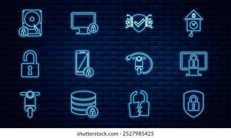 Defina a segurança da blindagem da linha com bloqueio, trava no monitor, Cyber, Smartphone, cadeado aberto, disco rígido e, scooter elétrico e ícone. Vetor