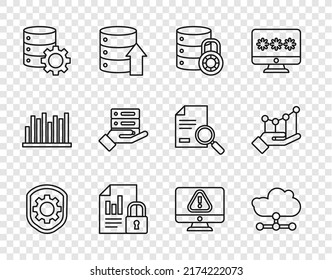 Set line Shield with settings gear, Network cloud connection, Server security lock, Document and, Server, Data, Web Hosting, Monitor exclamation mark and Pie chart infographic icon. Vector