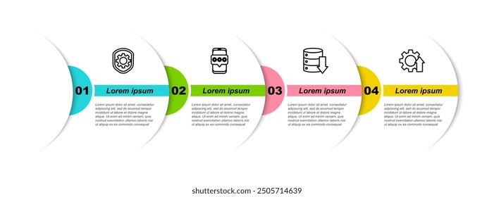 Set line Shield mit Einstellungen, Handy und Passwort, Server, Daten, Web Hosting und Pfeilwachstum. Vorlage für Geschäftsinformationen. Vektorgrafik