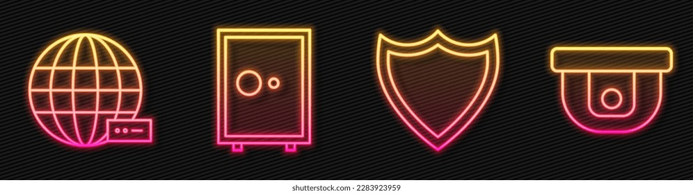 Set line Shield, Social network, Safe and Motion sensor. Glowing neon icon. Vector