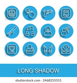 Set line Shield, Speaker, Peace, Handcuffs on hands of criminal, Envelope with question mark, Speech bubble chat, Police beat human and Censor freedom speech icon. Vector