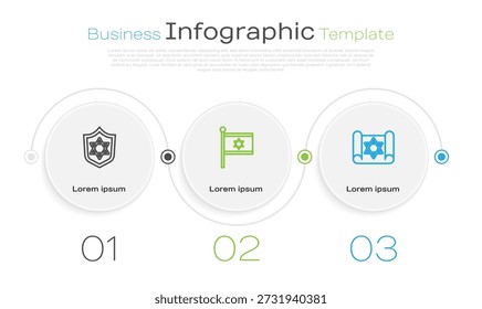 Set line Shield with Star of David, Flag Israel and Torah scroll. Business infographic template. Vector