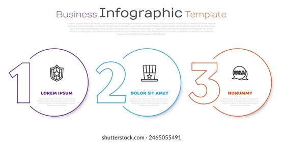 Set line Shield with stars, Patriotic American top hat and USA Independence day. Business infographic template. Vector