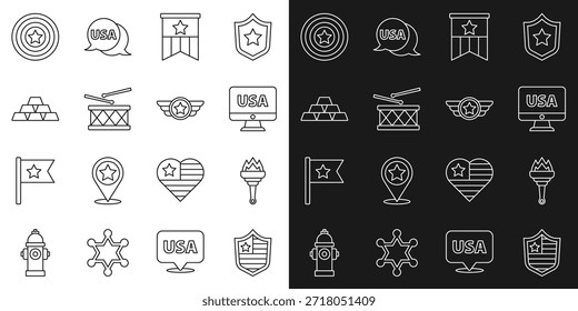 Set línea Escudo con estrellas, llama de la antorcha, EE.UU. en el monitor, bandera americana, tambor y palos de tambor, barras de oro, escudo y estrella icono militar. Vector