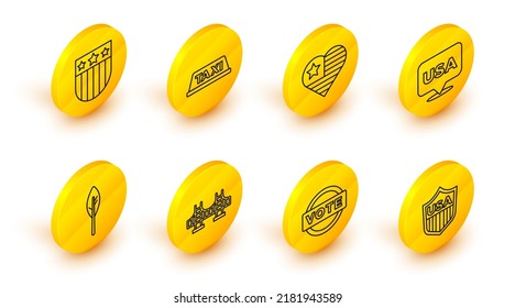 Set line Shield with stars, Vote, Golden gate bridge, Indian feather, USA Independence day, Taxi car roof and  icon. Vector