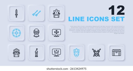 Set line Shield with swords, Antique treasure chest, Medieval helmet, King crown, Round shield, Castle tower, arrows and  icon. Vector