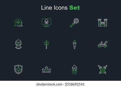 Set line Shield with swords, Castle tower, King crown, Medieval catapult, Torch flame, axe and helmet icon. Vector