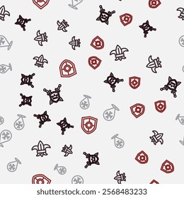 Set line Shield with swords, Fleur de lys lily flower, Crusade and  on seamless pattern. Vector