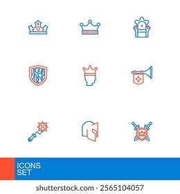 Set line Shield with swords, Medieval helmet, Mace spikes, Trumpet flag, King crown, throne and  icon. Vector