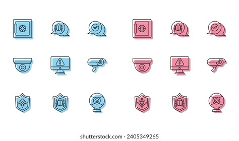 Ajuste el Escudo de línea, el fallo del sistema, la seguridad, la cámara de seguridad, el monitor con el signo de exclamación y el icono. Vector