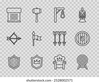 Set line Shield, Target with arrow, Gallows, crown, Decree, parchment, scroll, Medieval spear, throne and Round wooden shield icon. Vector