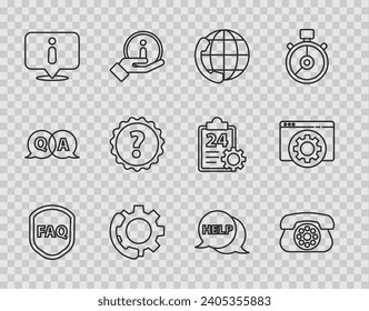 Set line Shield with text FAQ, Telephone, 24 hours support, Information, Question mark, Speech bubble Help and Browser setting icon. Vector