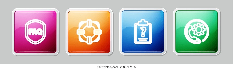 Set line Shield with text FAQ, Lifebuoy, Clipboard question marks and Telephone 24 hours support. Colorful square button. Vector
