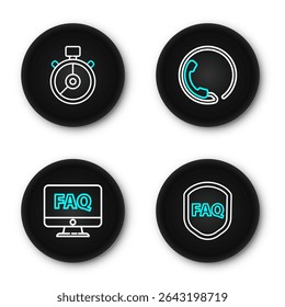 Set line Shield with text FAQ, Computer monitor and, Telephone 24 hours support and Stopwatch icon. Vector