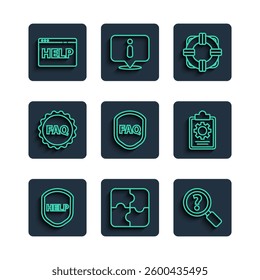 Set line Shield with text Help, Piece of puzzle, Unknown search, Lifebuoy, FAQ, Label, Browser help and Checklist 24 hours service icon. Vector