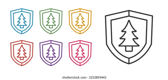 Set line Shield with tree icon isolated on white background. Eco-friendly security shield with tree. Set icons colorful. Vector