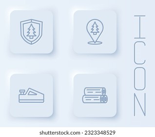 Set line Shield with tree, Location of the forest, Wood plane tool and Wooden log. White square button. Vector