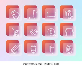 Set line Shield with tree, Lumberjack, Tree, Metallic nails, Crossed hammer, Two-handed saw, Electric circular and Waterproof rubber boot icon. Vector