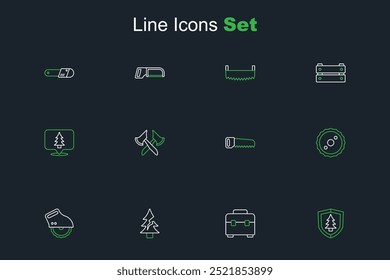 Set línea Escudo con árbol, caja de herramientas, árbol, sierra circular eléctrica, hoja circular, mano, hacha de madera y Locación del ícono del bosque. Vector