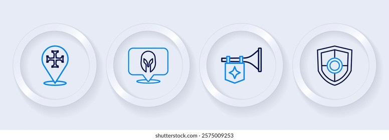 Set line Shield, Trumpet with flag, Medieval helmet and Crusade icon. Vector