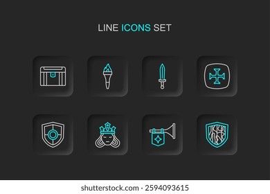 Set line Shield, Trumpet with flag, Princess or queen, Crusade, Medieval sword, Torch flame and Antique treasure chest icon. Vector