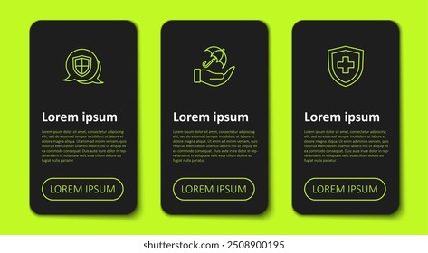 Set línea Escudo, Paraguas en mano y Seguro de vida con escudo. Plantilla de infografía de negocios. Vector