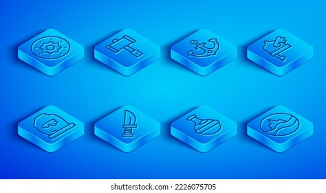 Set line Shield viking, Battle hammer, Anchor, Dagger, Bottle with potion, Viking horned helmet, Magic rune and Sea and waves icon. Vector