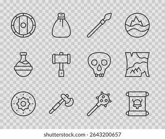 Set line Escudo vikingo, Decreto, pergamino, pergamino, lanza medieval, hacha de madera, martillo de batalla, maza con picos e icono de mapa plegado. Vector