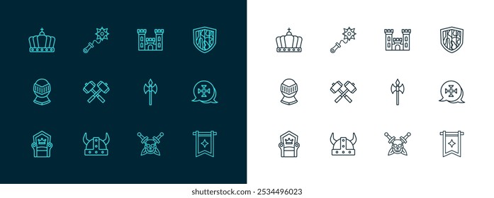 Set line Shield, Viking in horned helmet, Medieval axe, Skull with sword, Crossed battle hammers, Castle, King crown and Mace spikes icon. Vector