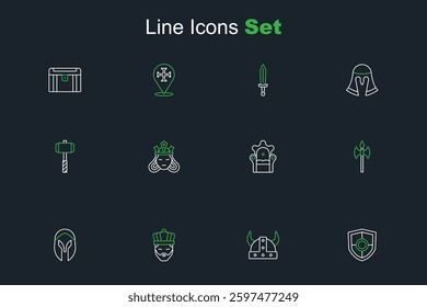 Set line Shield, Viking in horned helmet, King with crown, Medieval, axe, throne, Princess queen and Battle hammer icon. Vector