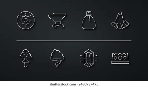 Set line Shield viking, Mushroom, Hunting horn, Gem stone, Cloud and lightning, Anvil for blacksmithing, King crown and Old money bag icon. Vector