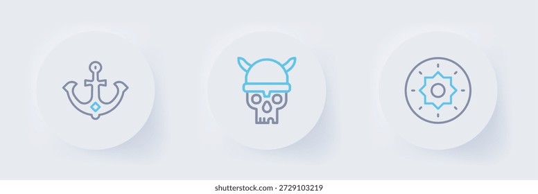 Set line Escudo vikingo, Calavera con casco e icono de Ancla. Vector