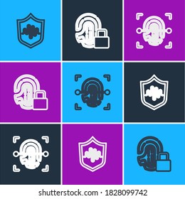 Set line Shield voice recognition, Fingerprint and with lock icon. Vector
