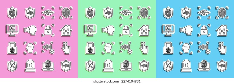 Ajuste el reconocimiento de voz del Escudo de línea, huella digital, hogar inteligente con id de cara, escaneo de ojos, cara, escudo e icono de bloqueo. Vector