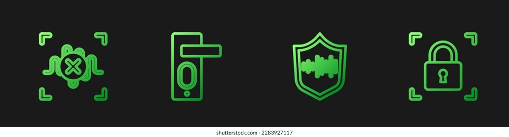 Set line Shield voice recognition, Rejection, Fingerprint door lock and with. Gradient color icons. Vector