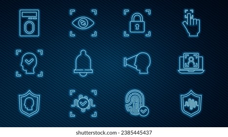Ajuste el reconocimiento de voz del Escudo de línea, Laptop con cara, Bloqueo de huellas dactilares, Sensor de movimiento, Rostro y Eye. Vector