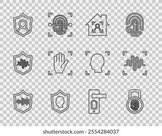 Set line Shield voice recognition, Fingerprint with lock, Smart home face id, User protection, Palm, door and Voice icon. Vector