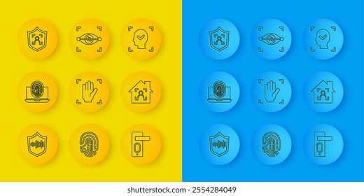 Set line Shield voice recognition, Laptop with fingerprint, Palm, Fingerprint door lock, Smart home face id, Face and Eye scan icon. Vector