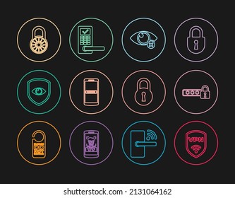 Set line Shield with VPN wireless, Password protection, Invisible hide, Mobile and password, eye, Safe combination lock wheel, Lock and Digital door icon. Vector