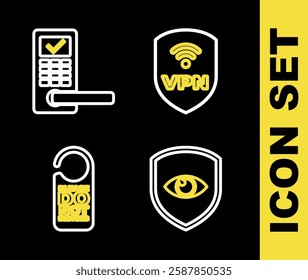 Set line Shield with VPN wireless, and eye, Please do not disturb and Digital door lock icon. Vector