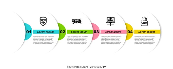 Set line Shield with VPN wireless, microchip circuit, Computer network and Lock. Business infographic template. Vector