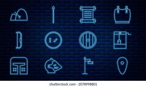 Set Line Shield, Nun mit Eimer, Dekret, Pergament, Scroll, Rundhölzer, mittelalterliche Bogen, Bale von Heu und Rake, und Speer-Symbol. Vektorgrafik